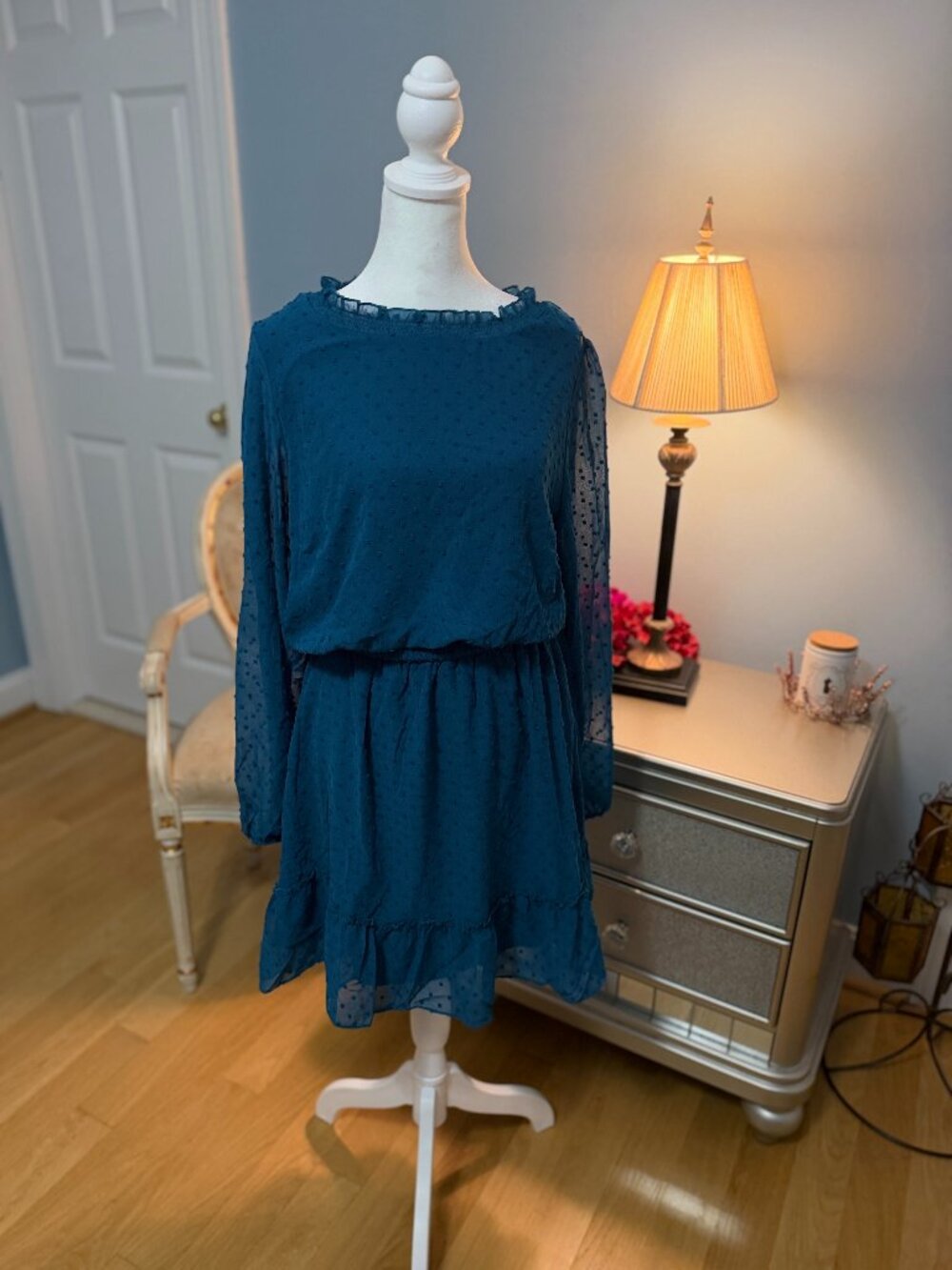 City Chic Teal Swiss Dot Ruffle Long Sleeve Dress XS 14